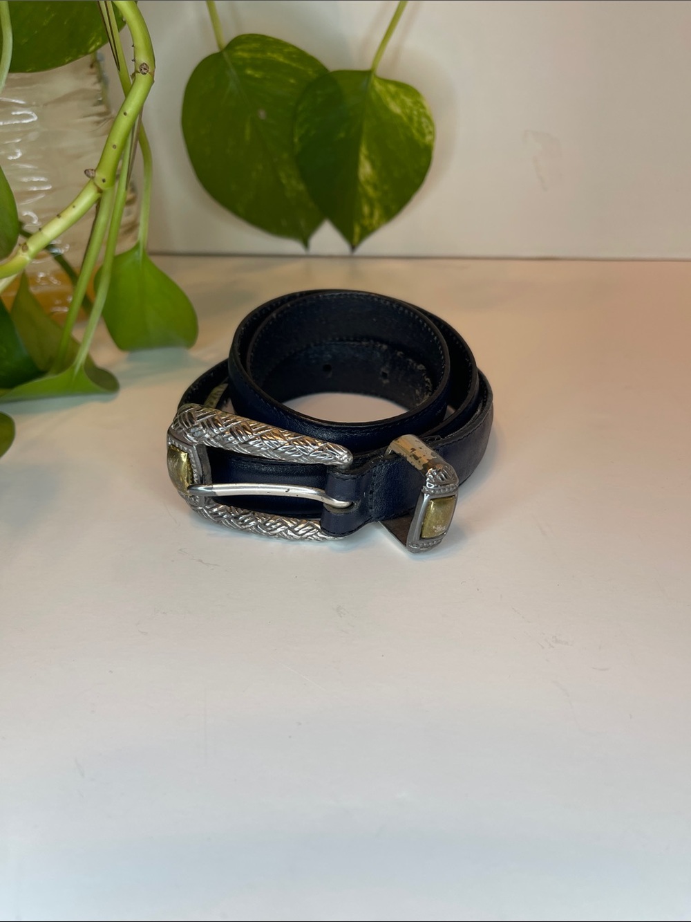 Brighton Blue Leather Women's Belt with Silver-Tone Buckle and Yellow Accents